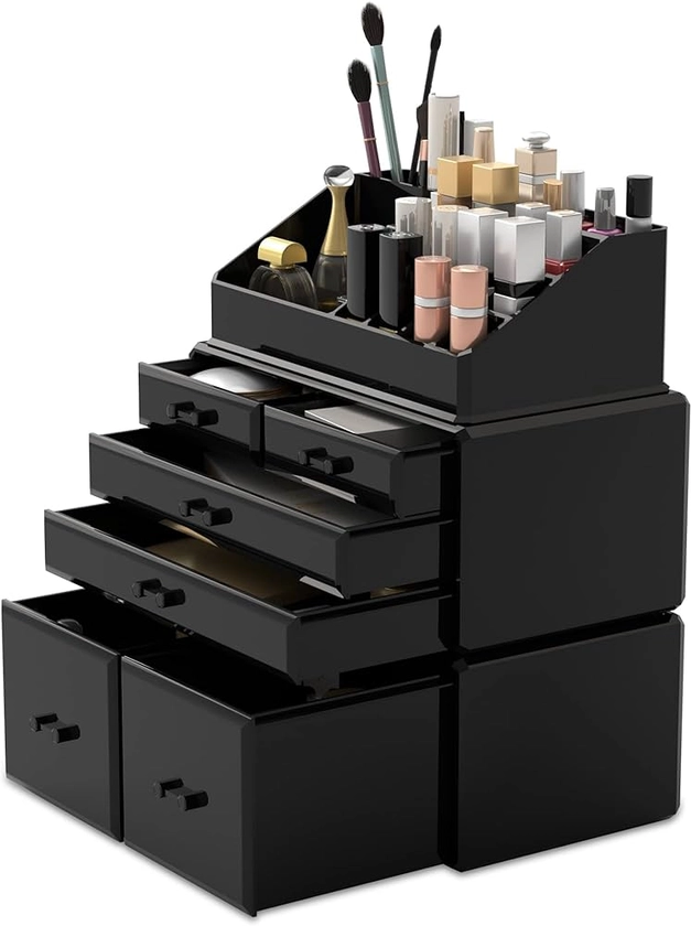 READAEER Makeup Organizer 3 Pieces Cosmetic Storage Case with 6 Drawers (Black)