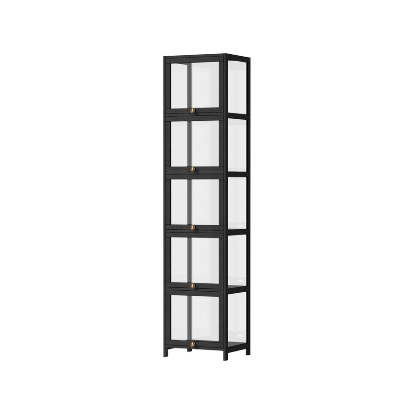 Oikiture Display Cabinet Slim Bamboo Storage 5-Tier Shelves Clear Black
