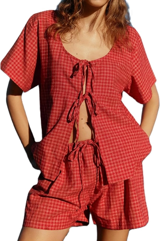 Women Plaid 2 Piece Pajama Sets Tie Front Short Sleeve Tops and Shorts Set Loungewear Cute Set Outfits Sleepwear