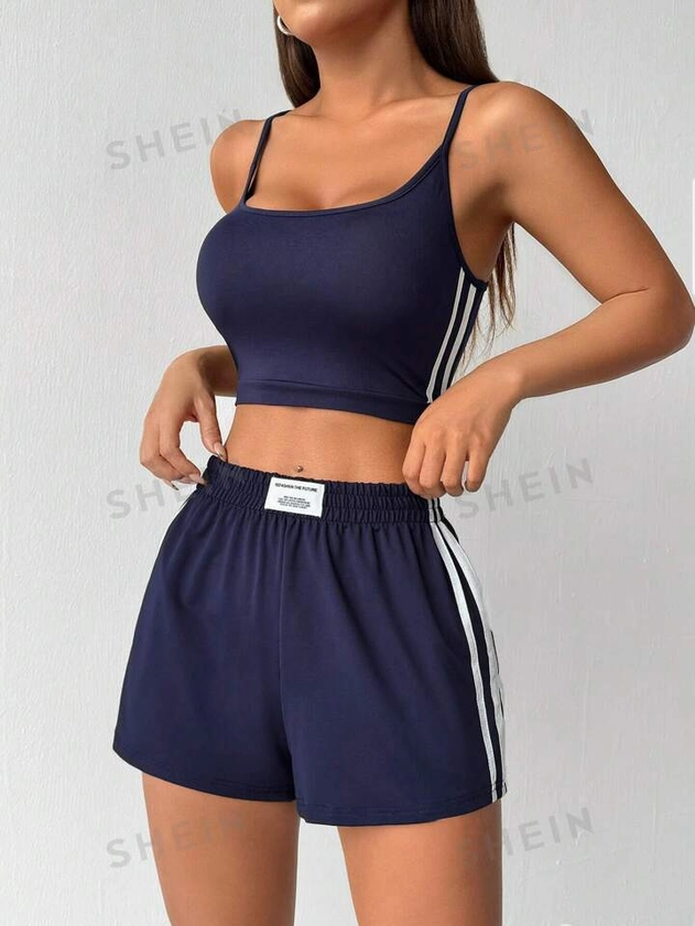 SHEIN EZwear Women's Spaghetti Strap Short Striped Camisole And Shorts Set, Summer | SHEIN USA