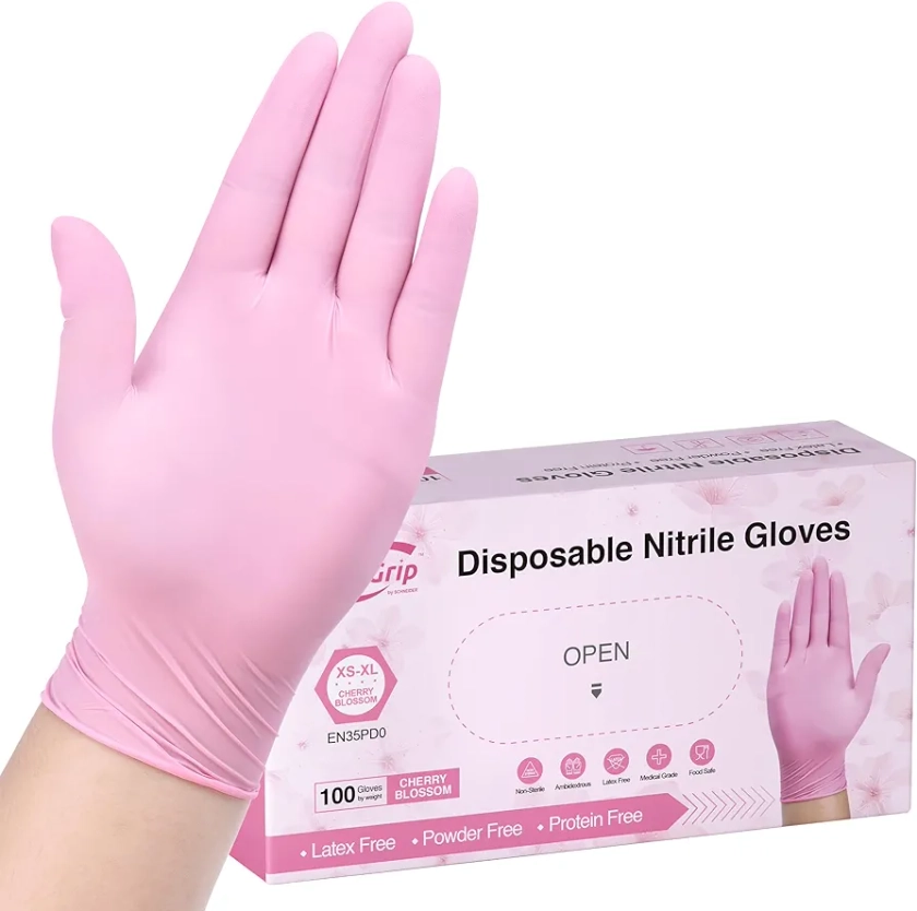 Pink Disposable Gloves, 3-mil, Medical exam Gloves Disposable Latex Free, Gloves for Cleaning & Esthetician, Pink Rubber Gloves, Pink Cleaning Gloves, Powder-Free, 100-ct Box (Small)