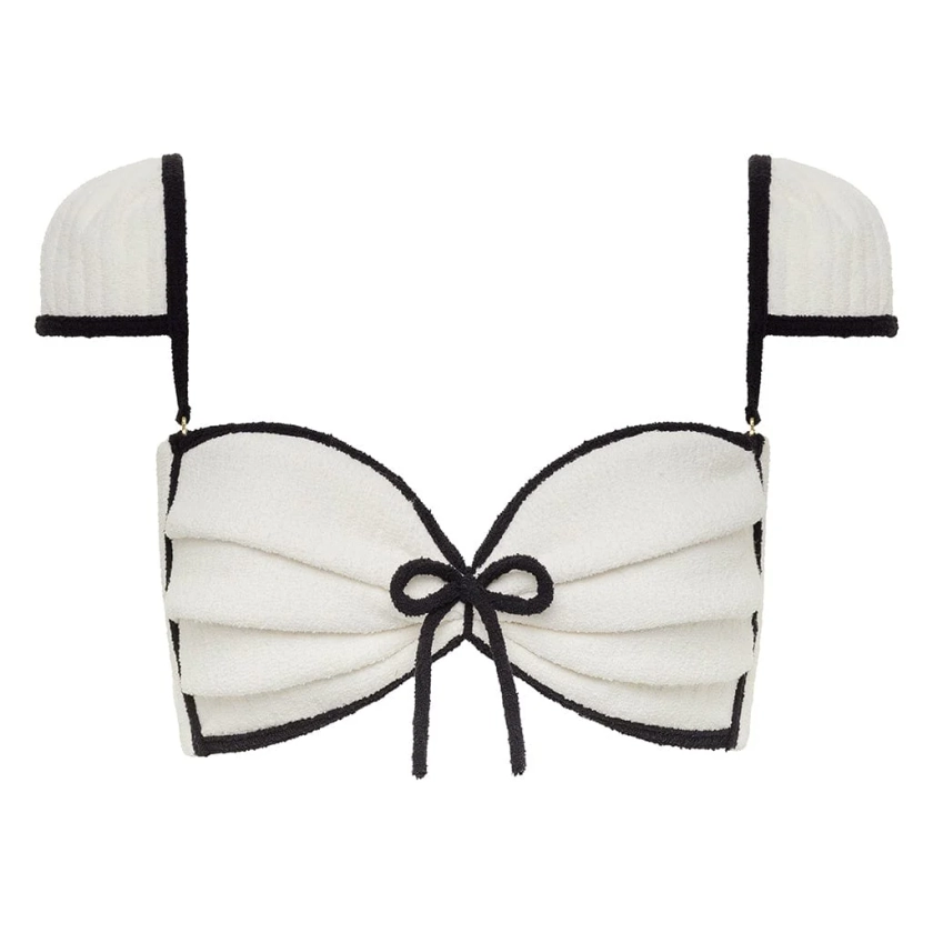 Cream (Black Binded) Terry Rib Cabana Bows Bikini Top