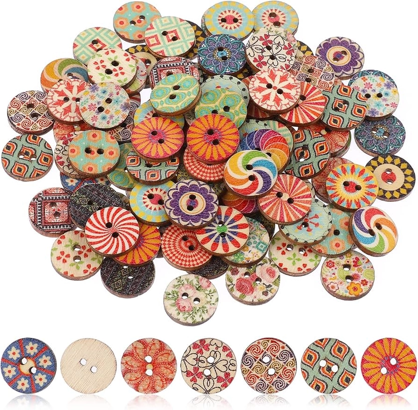 100PCS Wooden Buttons for Crafting, Assorted Vintage Round Knitting Buttons Mixed Wooden Flower Buttons for Sewing DIY Crafts Decorative (15mm)