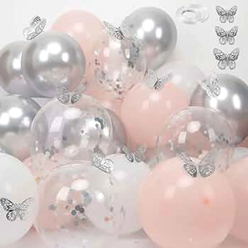 Pink Silver Balloons and Butterfly Stickers Set, 60 PCS 12 Inch Confetti Balloons, White and Silver Balloons with 12 PCS Silver Butterfly Stickers for Wedding, Birthday, Party Decorations