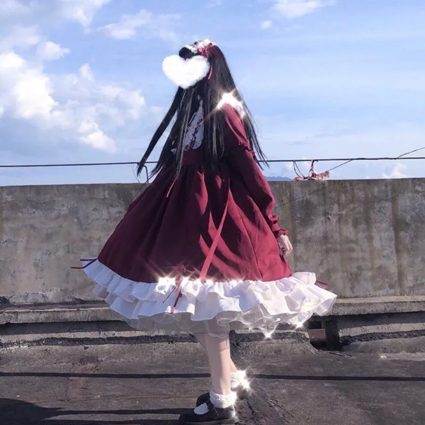 Lindo vestido Lolita OP para mujer Harajuku japonés vestido de muñeca de manga larga falda Lolita Primavera Verano suave chica Lolita - AliExpress 200000345