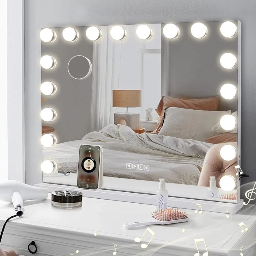 Hansong Grand Miroir Hollywood avec Bluetooth 80x60cm Miroir Maquillage avec 18 Ampoules LED Miroir Coiffeuse Eclairage 3 Couleurs