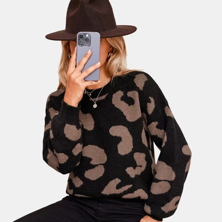 Women's Leopard Print Drop Sleeve Sweater - Cupshe-M-Black