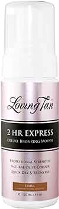 Loving Tan 2 HR Express Mousse, Dark- Streak Free, Natural looking, Professional Strength Sunless Tanner - Up to 5 Self Tan Applications per Bottle, Cruelty Free, Naturally Derived DHA - 4 FL Oz