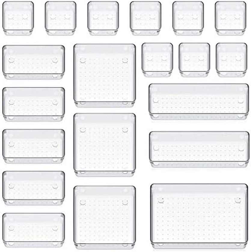 QUIENKITCH 20PCS Desk Drawer Organizer Trays with Non-Slip, 5 Different Size Clear Drawer Dividers Storage Bins for Makeup, Kitchen Utensils, Jewelries, and Gadgets