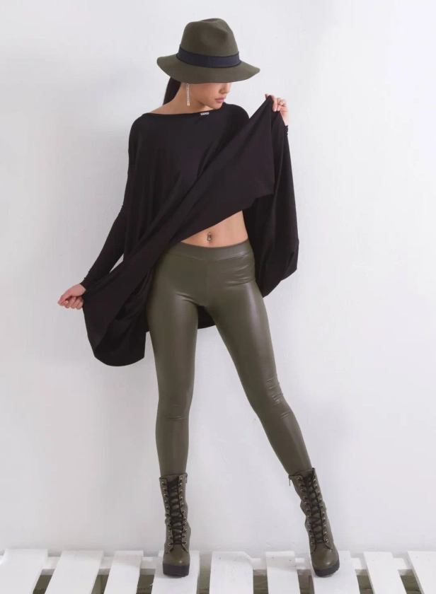 Faux leather stretch pants, high waist leather leggings in military green, Elastic faux leather Tights by Friends Fashion