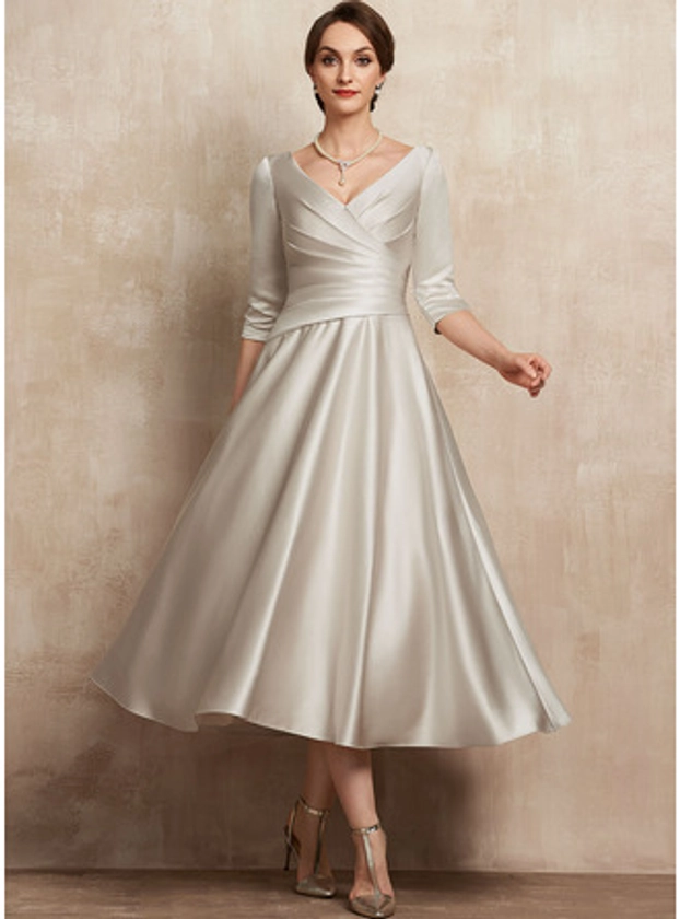 [US$ 134.00] A-line V-Neck Tea-Length Satin Mother of the Bride Dress With Pleated (008225549)