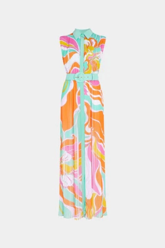 EMILIO PUCCI Multi-Color Rivera Print Pleated Maxi Shirt Dress w/ Belt - Size 6