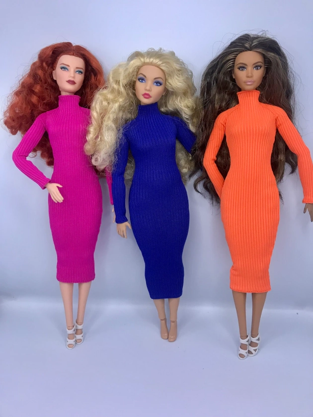 3 Dolls Tight Fitting Dresses Dolls Casual Long Sleeve Dress Will Fit Curvy Doll Too - Etsy UK