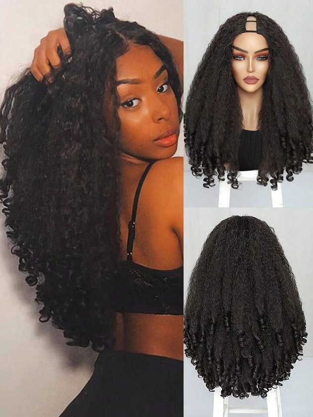 20 Inch Natural Black Afro Curly U / V Part Wig With Bouncy Curls Synthetic Kinky Straight Glueless Hair For Women No Leave Out Clip In Half Wig