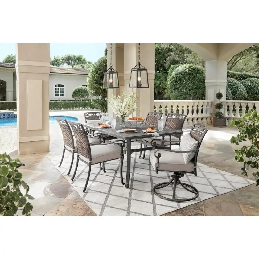 Home Decorators Collection Wilshire Heights 7-Piece Cast and Woven Back All Aluminum Outdoor Dining Set with CushionGuard Plus Sand Dune Cushions 2117S17DUSV2ACR - The Home Depot
