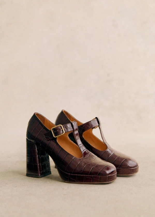 Monique High Mary Janes - Brown croco - Bovine leather - Sézane