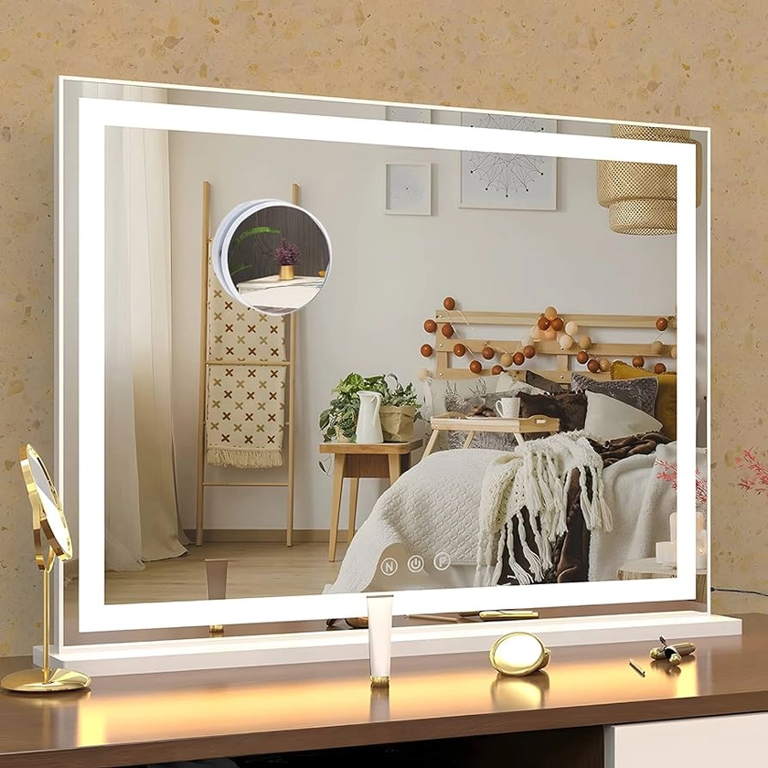 Warmiehomy Hollywood Makeup Mirror with Lights strip design, 50 * 10 * 42cm with 10X Cosmetic Magnifying Mirror, 3 Lighting Modes, Touch Screen Control, Tabletop Lighted Mirror