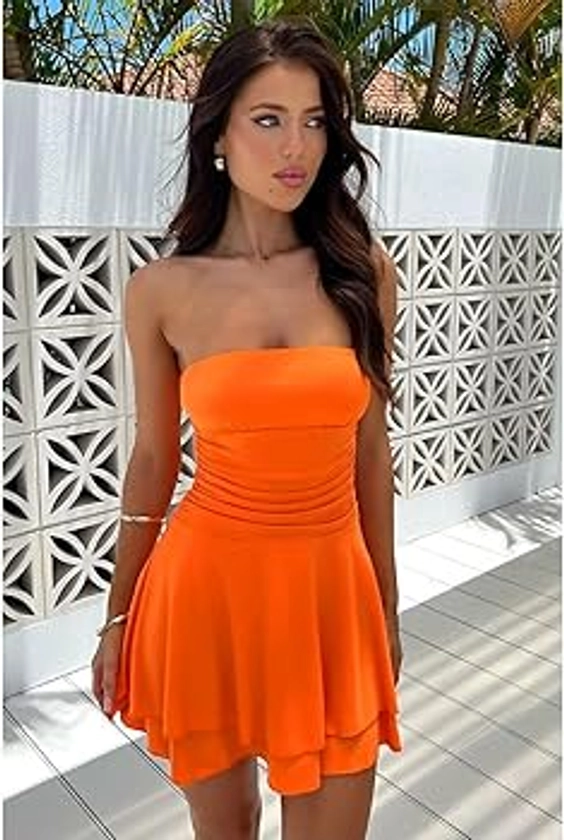 GRMLRPT Women Sexy Strapless Ruched Tube Mini Dress Sleeveless Backless Tiered Layered Ruffle Y2K Hem A-Line Party Dress