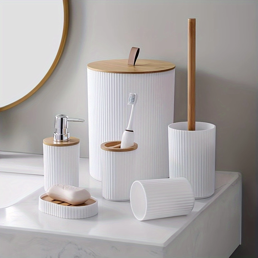 1pc Bathroom Accessories Set, 6 Piece Bathroom Accessory Set With Trash Can, Toothbrush Holder, Lotion * Dispenser, * Dish, Toilet Brush, Bath S