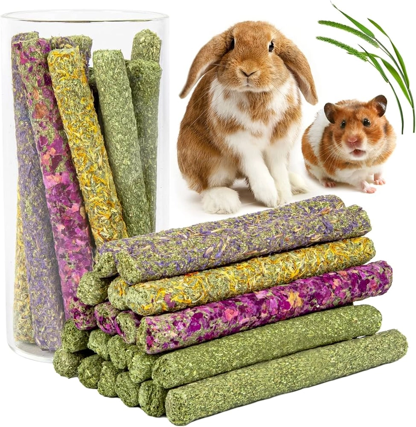 Sofier 32Pcs Timothy Hay Sticks 320g Rabbit Toys Bunny, Guinea Pig Toys Natural Hamster Toys for Teeth Handmade Treats and Chews Chinchilla Rat Gerbil