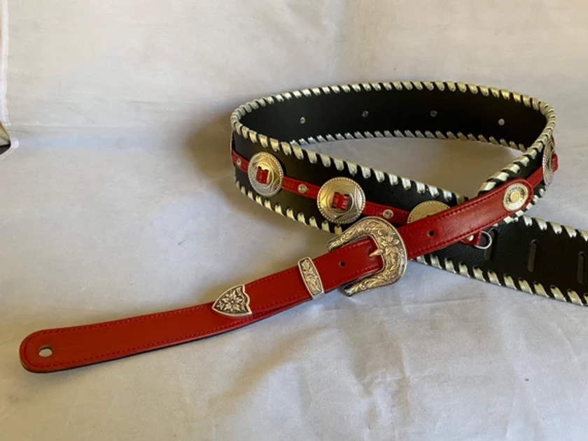 Black/Red Leather Edge Wrap Concho Guitar Strap