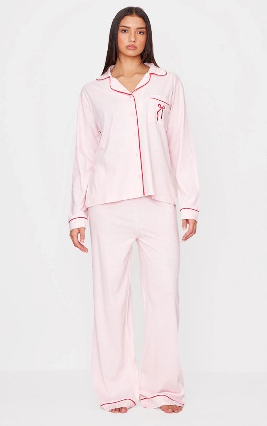 Pink Jersey Piping Embroidered Bow Long PJ Set