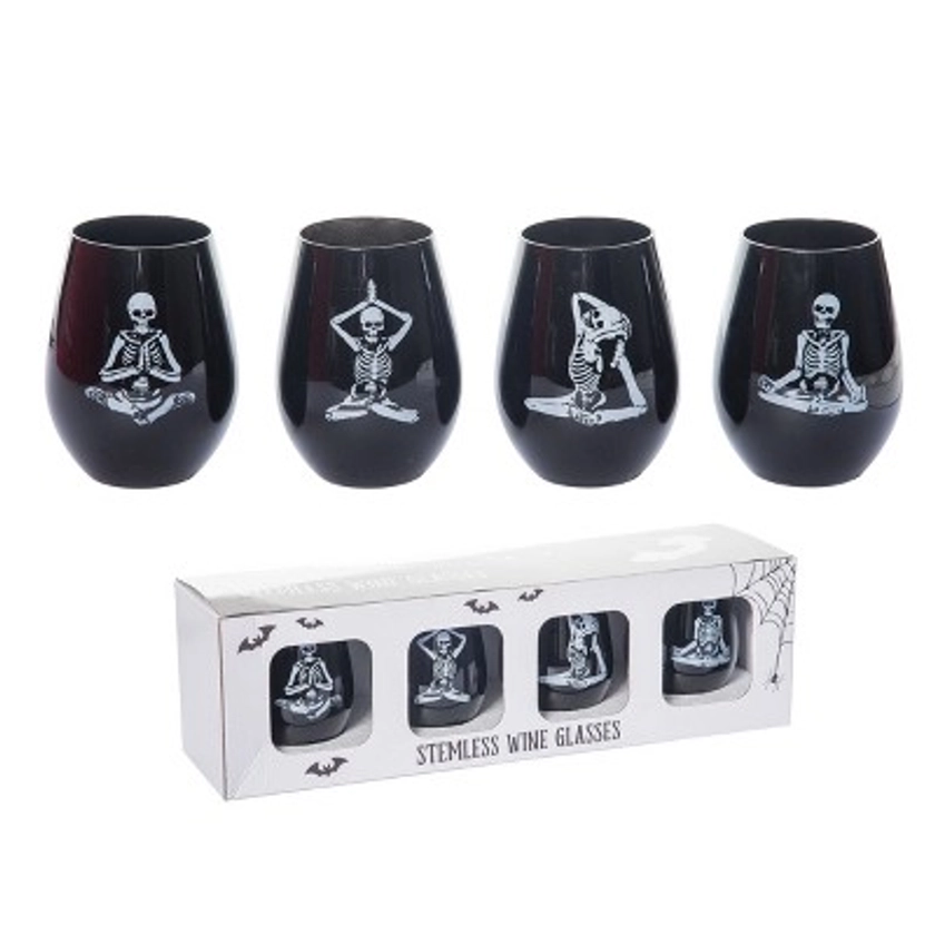 Transpac Glass 18.75 in. Black Halloween Skeleton Stemless Wine Set of 4