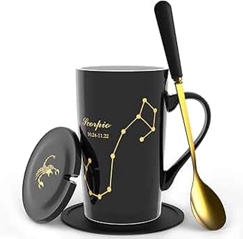 -15oz Scorpio Coffee Mug with Long handle Spoon Lid Birthday Gift Ceramic Creative Constellation Zodiac Capacity Tea Cup for Cocoa Water Milk Juice (Scorpio-Black Gold)