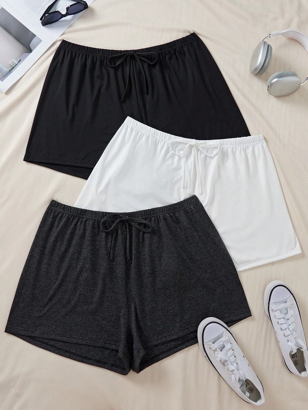 3pcs/Set Plus Size Pajama Shorts In White, Grey And Black Colors, Can Be Worn Outdoors