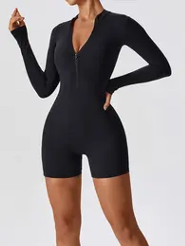 Sporty Women's 2024 New Arrival Summer Solid Color Zip Up Half Placket Sports Skinny Romper, Tight-fitting Long Sleeve Mock Neck Seamless Sports Romper, Ladies Sportswear for Gym Yoga Workout Running, Tummy Control