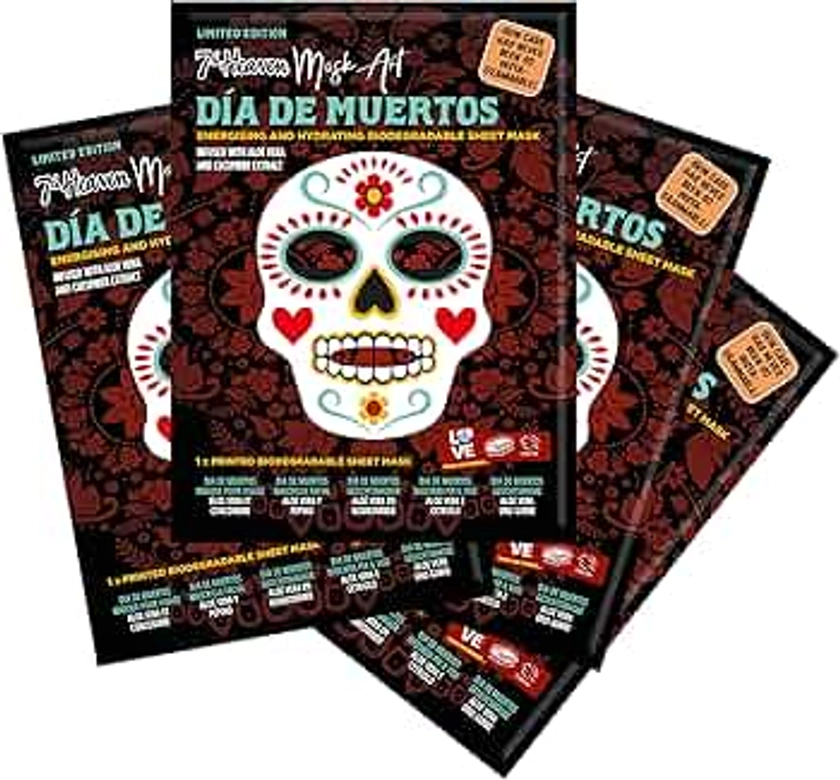 7th Heaven Mask Art 'Day of the Dead' Energising and Hydrating Biodegradable Sheet Mask (Pack of 4) Infused with Aloe Vera and Cucumber Extract