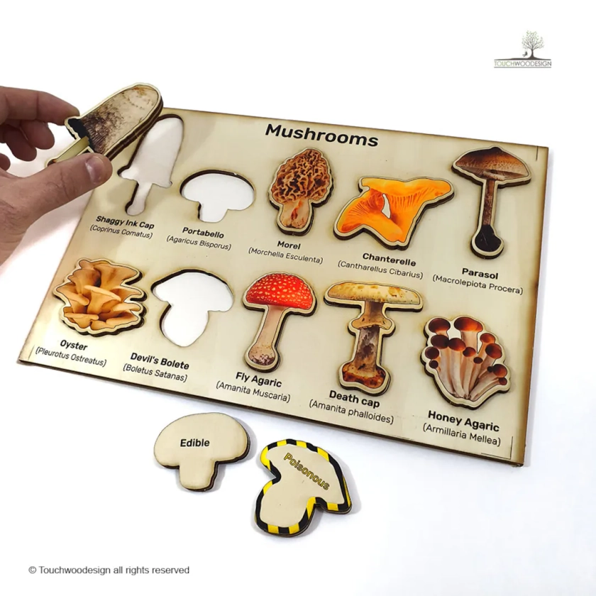 Mushrooms - educational wooden puzzle - Montessori toys - laser art - educational non-toxic toys for kids and toddlers - handmade