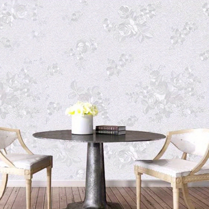 1 Roll Minimalism Style Silver Flower Pattern Damask Textural White Wallpaper, Waterproof Self-Adhesive Contact Paper For Living Room, Kitchen, Bedroom, Home And Dormitory Furniture Decoration, 44.96*998.22cm