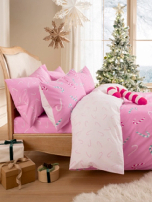 Pink Christmas Candy Cane Reversible Single Duvet Set