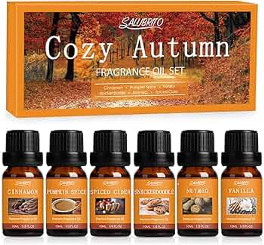 SALUBRITO Fall Fragrance Oils Set, Autumn Essential Oil for Diffuser, Candle Making, Aromatherapy Oils Gift - Cinnamon, Pumpkin Spice, Vanilla, Snickerdoodle, Spiced Cider, Nutmeg, 6x10ml