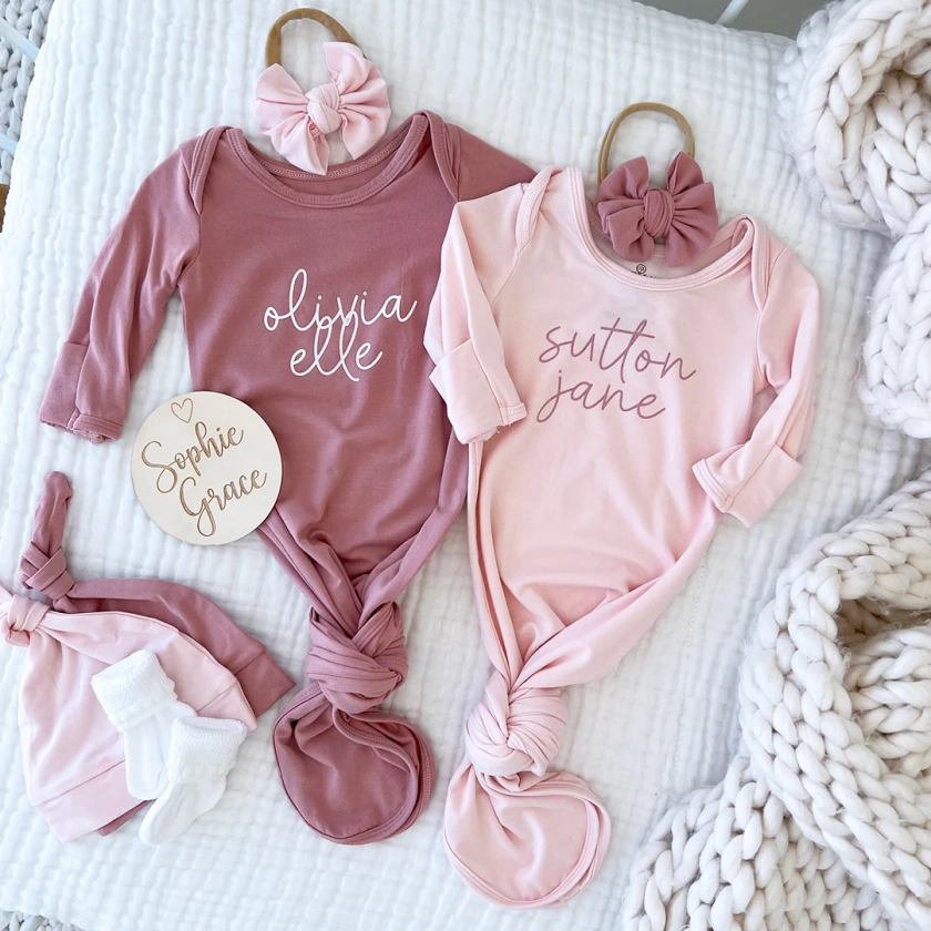 Personalized Bamboo Newborn Baby Knot Gown | Pretty in Pink - Script