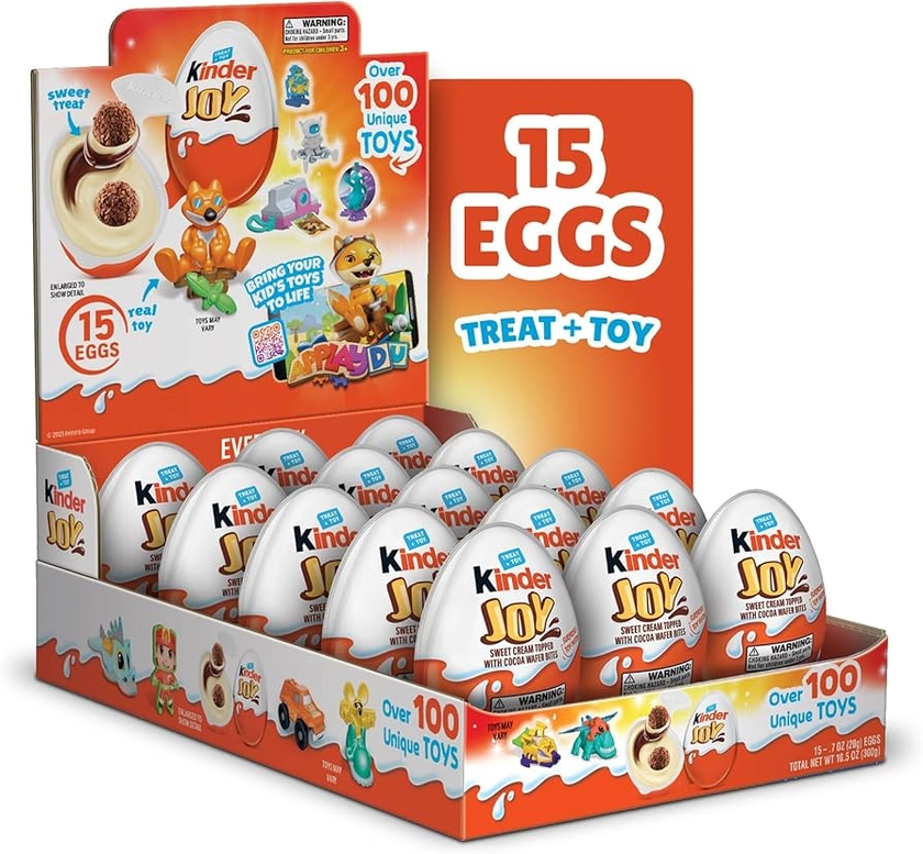 Kinder Joy Eggs, 15 Count, Treat Plus Toy, Halloween Party Fun, Kids Party Favors, Sweet Cream Layers with Cocoa Cream Filled Crispy Wafer Bites, Individually Wrapped, 0.7 oz Each