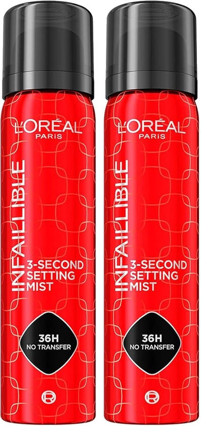 L'Oréal Paris Spray Fixateur Infaillible pour Maquillage Visage 3-Second Setting Mist 36H No-Transfer Waterproof Formule Légère à Séchage Rapide Résistante à la Sueur et à l'Eau - 2 Flacons de 75ml