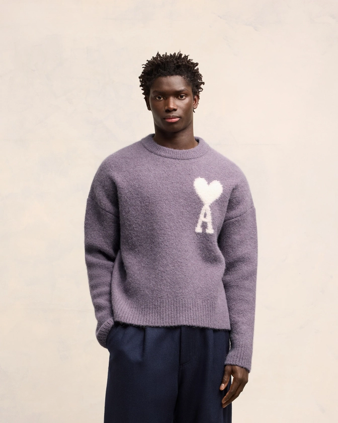 Lilac Off-White Ami De Coeur Crew Neck Sweater | AMI PARIS