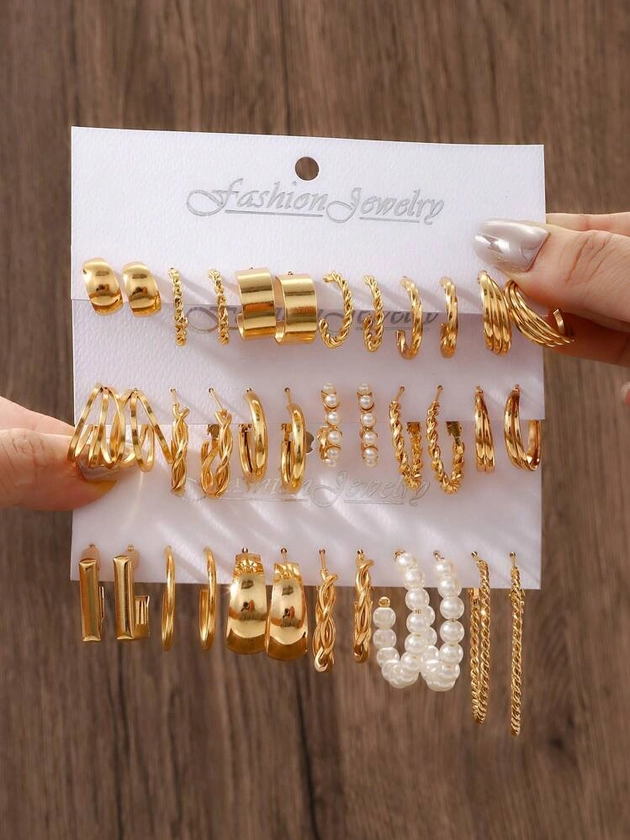 36 Pieces Of Fashionable Faux Pearl Twist Multi-Layer Wide Face Multi-Element Earrings Set Party Date Gift Everyday Versatile