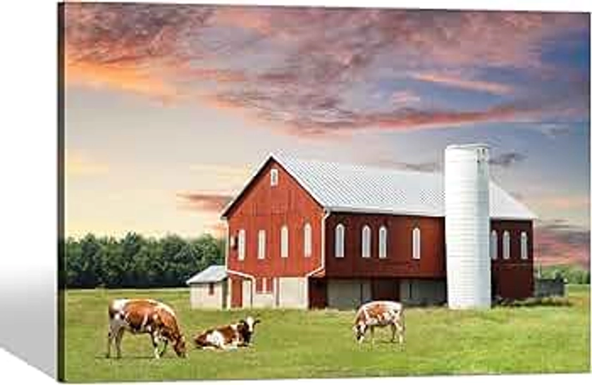 Farmhouse Canvas Wall Art Picture: Modern Red Barn Print Decor Farm Country Landscape Artwork Countryside Cow Painting for Bedroom Bathroom Kitchen