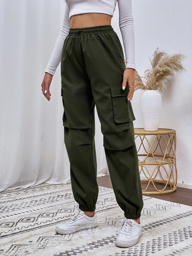 SHEIN MOOSTA Flap Pocket Drawstring Waist Cargo Trousers