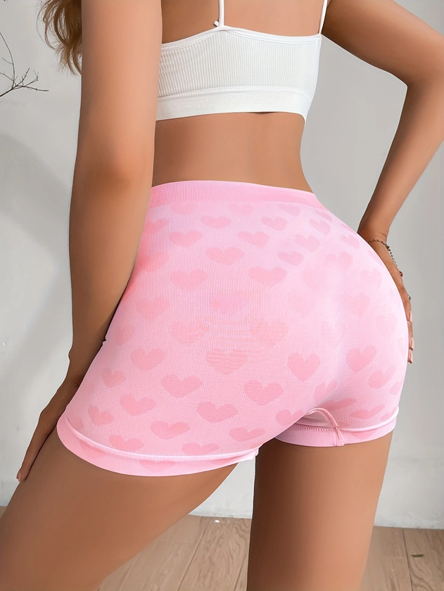 1 Pc Boyshort Panty, Heart Print Pinkish Valentine's Day Breathable Comfy Intimates Boxer Shorts, Women's Lingerie & Underwear