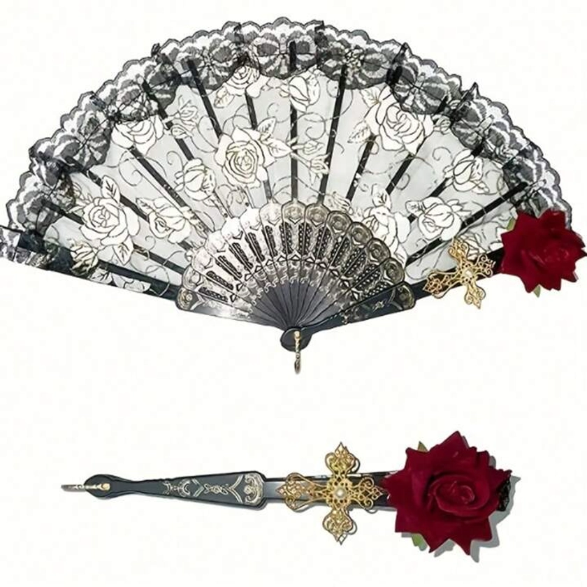 1 Pc Lace Handheld Fan With Rose Flower Gorgeous European Style Folding Fan For Party Show Cosplay Props Photo