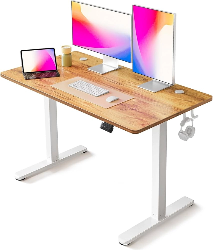 FEZIBO Bureau Assis Debout Électrique, 120 × 60 cmBureau Table Debout Réglable en Hauteur Acier T Pieds avec Système Anti-Collision, Panneau Contrôle à Fonctions Mémoires, Planche Marron Clair