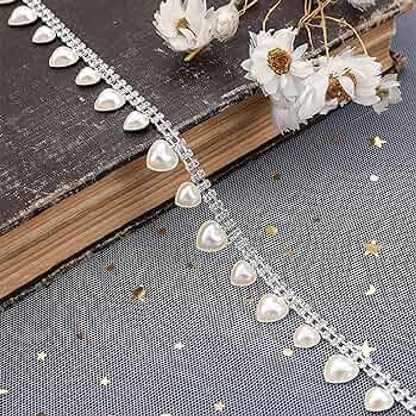 1 Yard Pearl Rhinestone Trim, Crystal Close Chain Applique, Ideal for DIY Decoration Sewing Crafts Wedding Bridal Party Clothing Accessories (Heart)