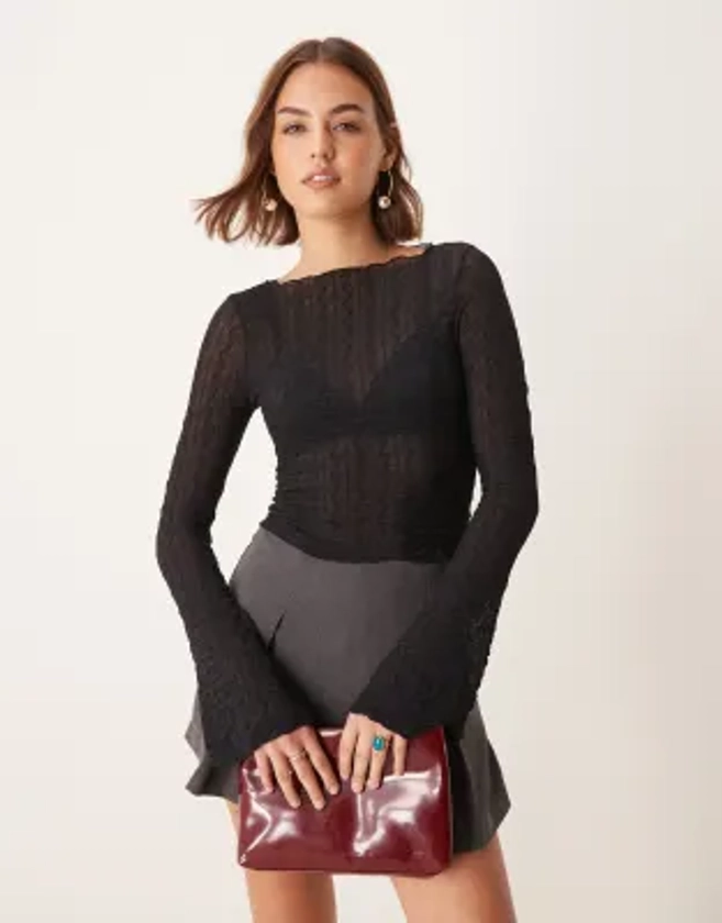 New Look textured ladder mesh slack neck top in black | ASOS