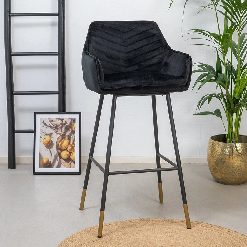 Tabouret de bar en velours Fiona noir 65-78 cm | Livin24