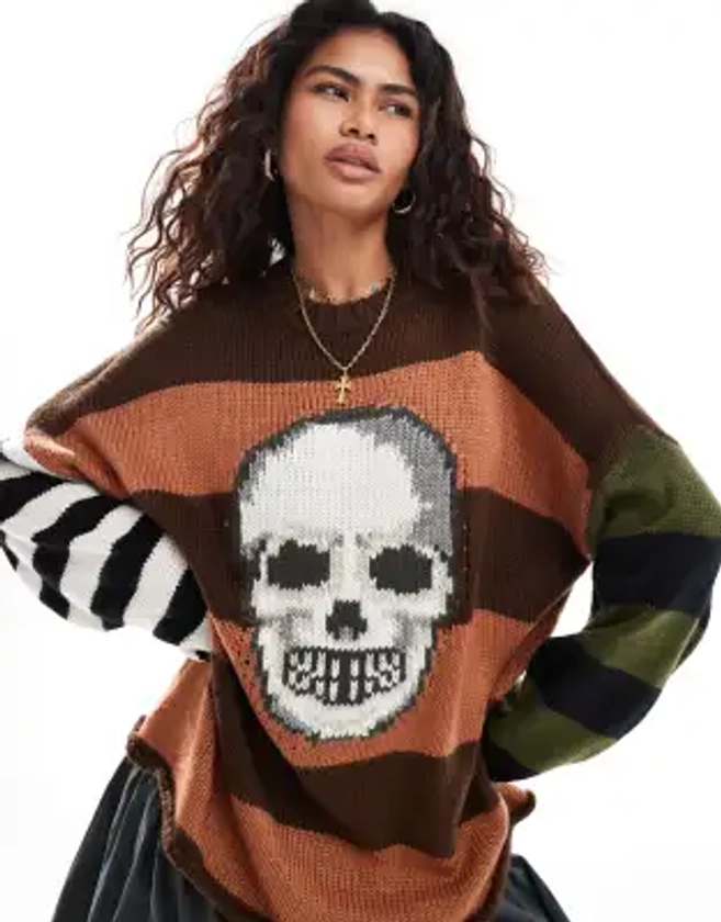 The Ragged Priest striped oversized jumper with skull detail in multi