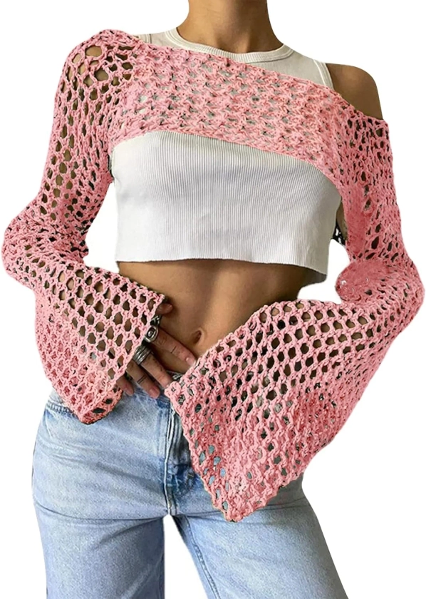 Kukuzhu Womens Hollow Out Crochet Crop Top Long Sleeve Y2k Knit Sweater Bikini See Through Cover Ups